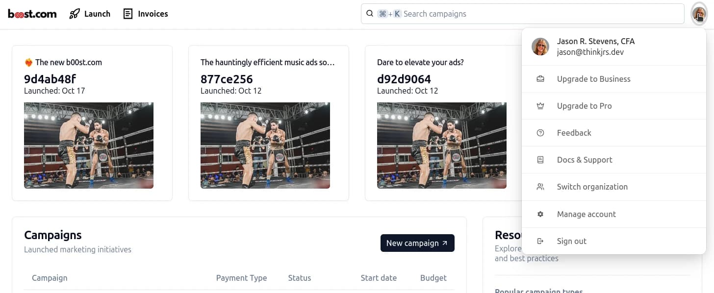 A shot of the b00st.com user profile app with a new tab for organizations.