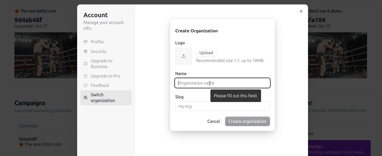 The profile section that highlights organization switching and creation inside the b00st.com app.