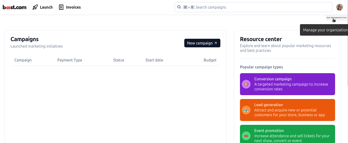 The organization management section of the b00st.com app.