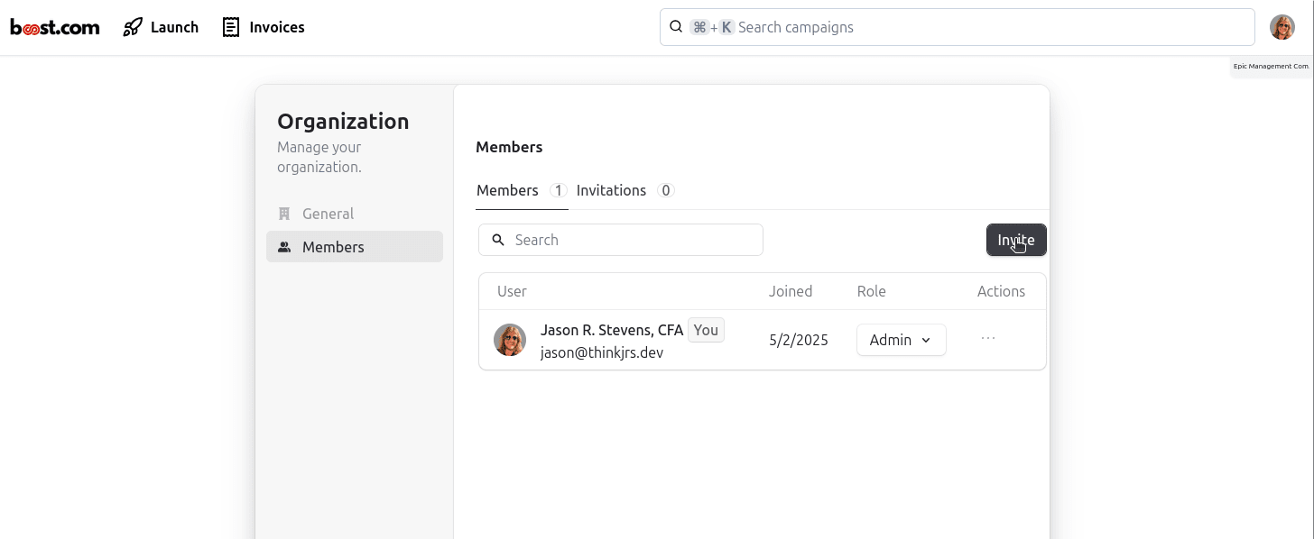 The section of organization management that specifically allows for admin users to invite their team, label or management company.
