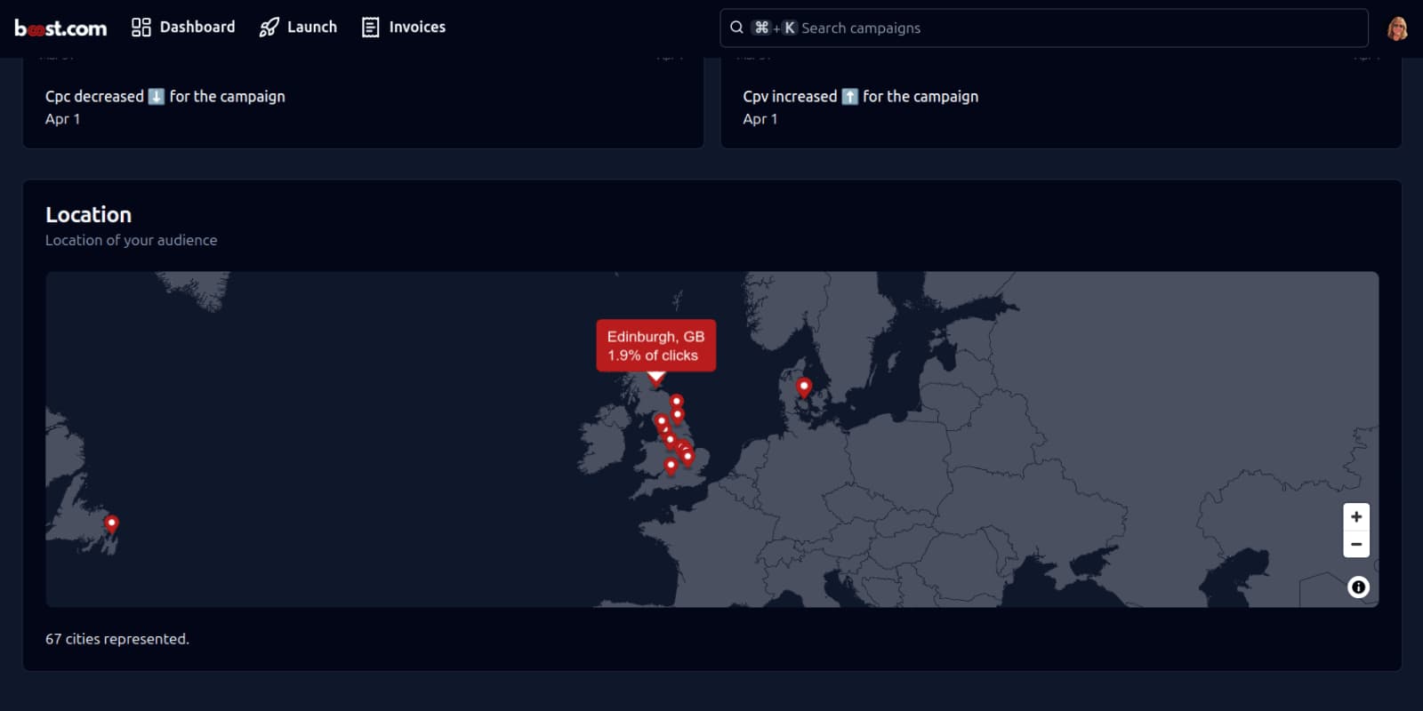 The b00st.com app dashboard in dark mode demonstrating location data for ads with 67 cities measured throughout the world.