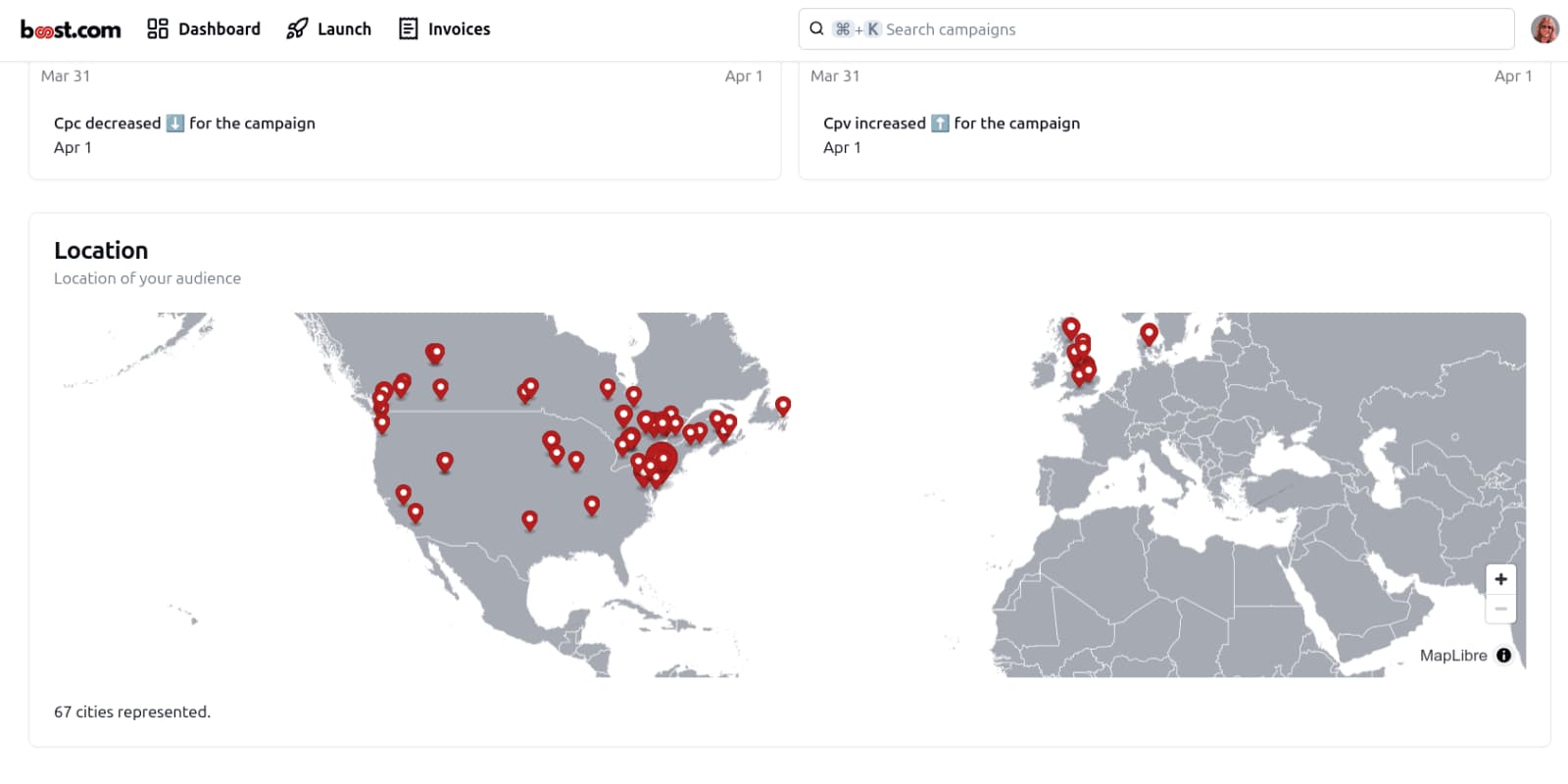 The b00st.com app dashboard in light mode showing campaign location data for a campaign with 67 cities represented worldwide.