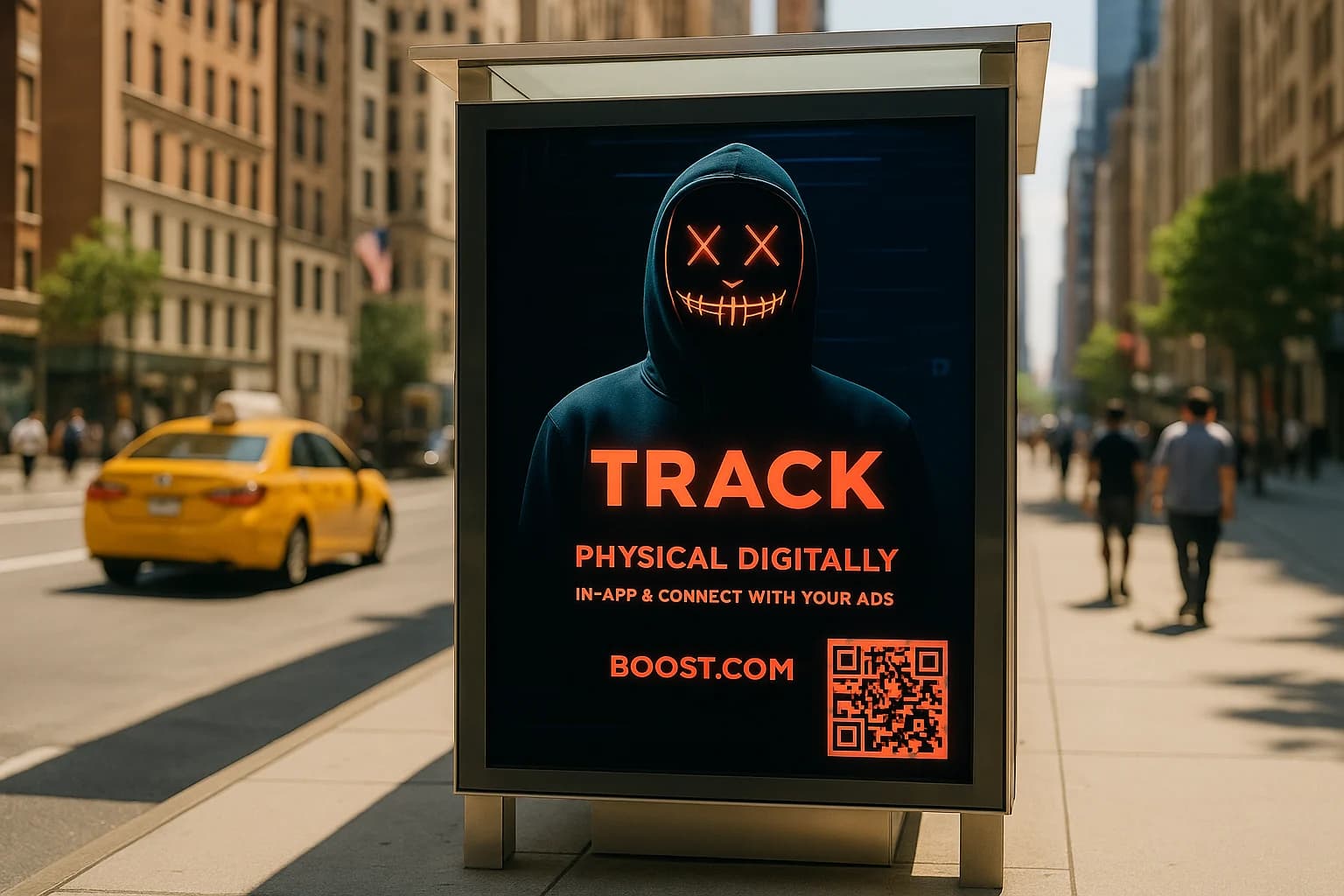 Digital billboard at a New York City bus stop displaying an ad with a hooded figure wearing a glowing red neon mask. The ad reads 'TRACK', 'PHYSICAL DIGITALLY', 'IN-APP & CONNECT WITH YOUR ADS', and 'B00ST.COM' with a matching red QR code below. A yellow taxi and pedestrians are visible in the sunny, blurred city background.